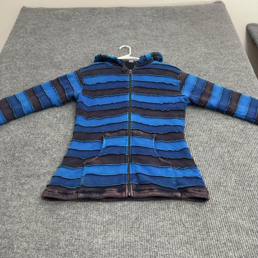 Unbranded Hoodie Womens XXL Blue Cotton Raw Edge Patchwork Boho Grunge Style